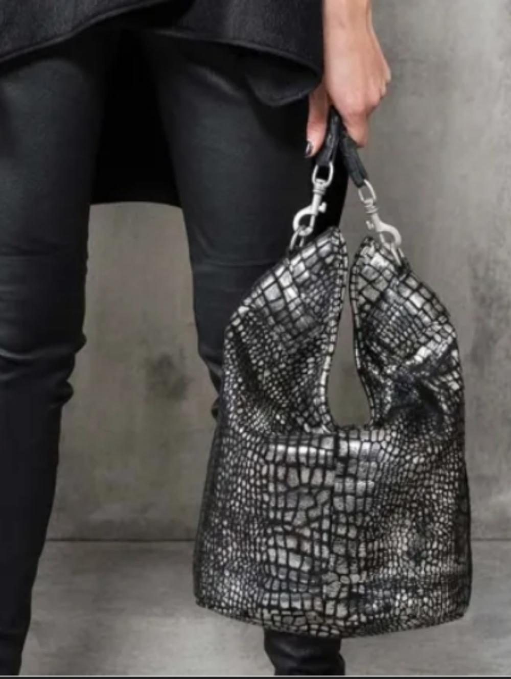 Liebeskind Berlin Croc Embossed Metallic Slouch Hobo Shoulder Handbag Purse